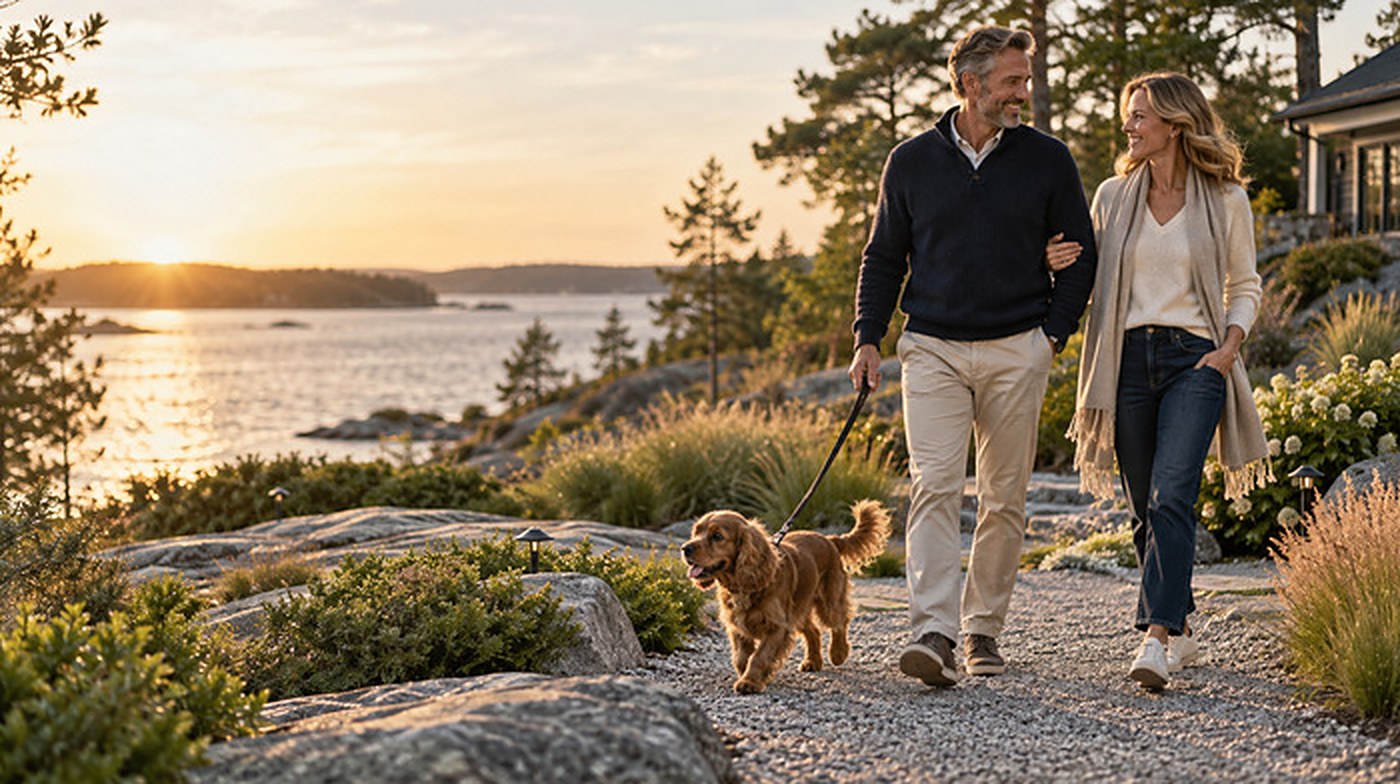 A couple walk arm in arm with their spaniel along a garden path above the water at sunset