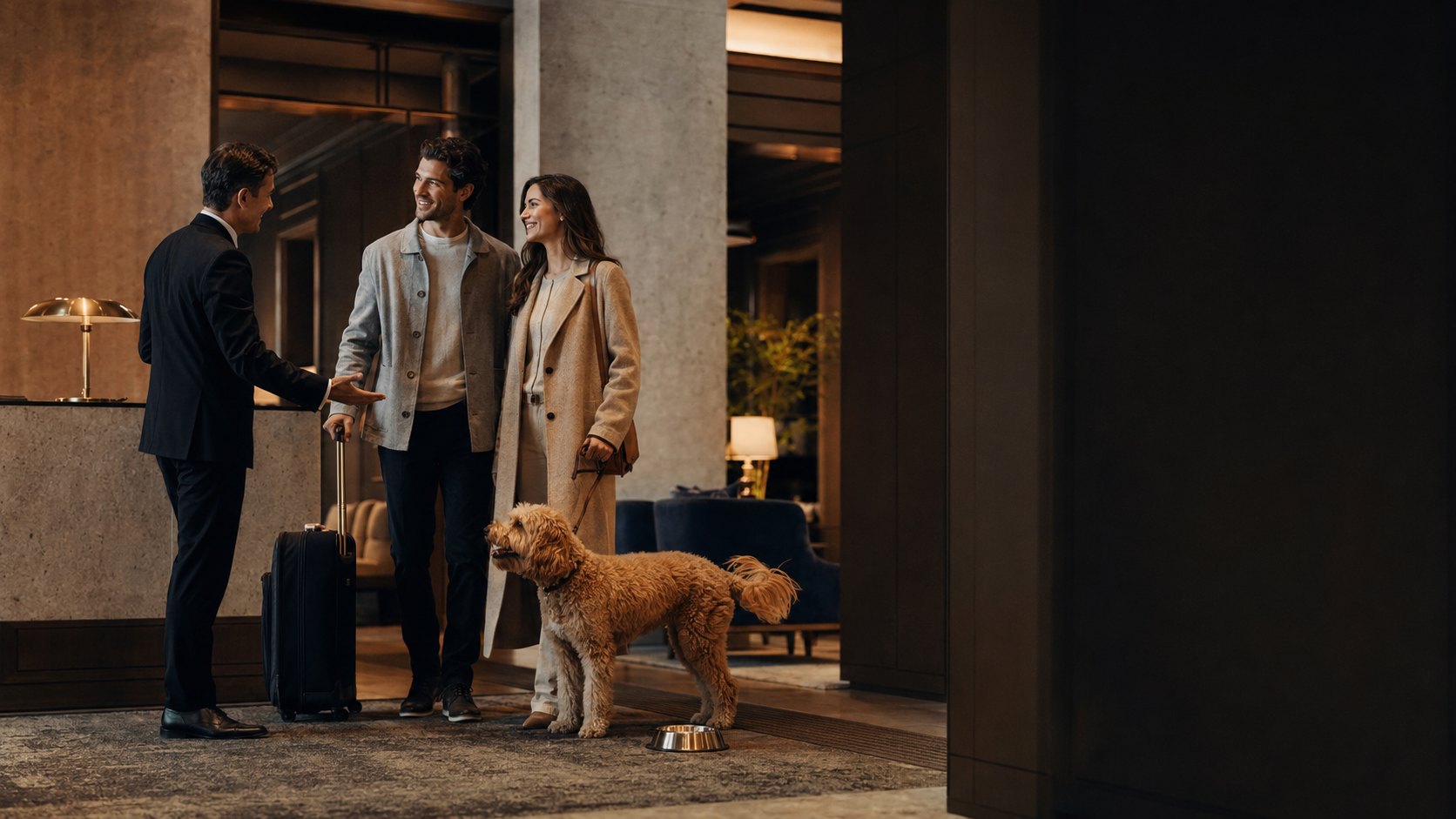A couple and their labradoodle are personally welcomed by a member of staff in a warmly lit hotel lobby