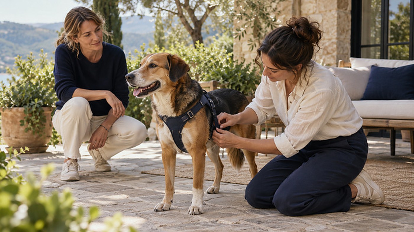 A Marlow specialist kneels to fit a harness on a dog while its owner looks on, on a sunlit terrace above the water